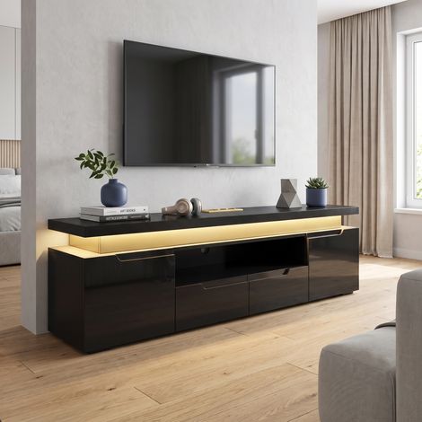 Meuble TV 180 cm avec LED RGB et Prises de Courant, Meuble de Salon Moderne en Bois Finition Brillante, Noir (1/5)