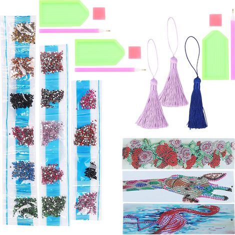 Lot de 3 marque-pages diamant 5D à peindre soi-même, broderie cristal, pompon, outil de point de croix (1/5)