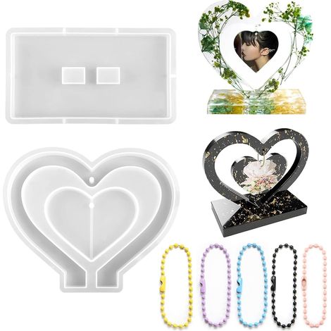 Cadre Photo Coeur Moule Silicone Moule Resine Epoxy avec Pendentif DIY et 5 Chaînes pour Décoration Créative et Personnalisée Bricolage et Décoration Maison Valentin (1/5)