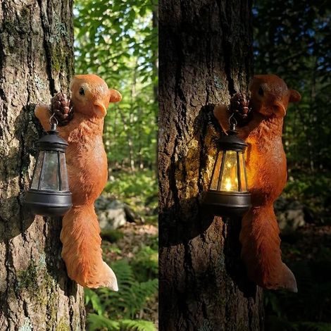 LED solaire lampe d'écureuil, jardin décoration résine mignon écureuil animal mur lampe suspendue, sans fil crépuscule à l'aube LED lumières sont imperméables. (1/5)