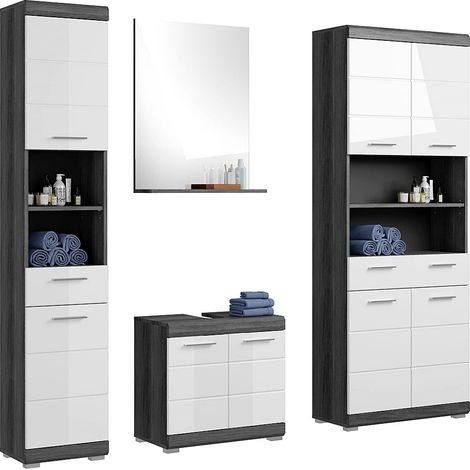 Badezimmermöbel Set 4-teilig modern in Hochglanz weiß mit grau SIROCO-158 (1/5)