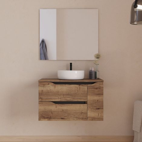 Meuble de salle de bain 80cm avec plateau, vasque à poser centrée Ares et miroir - 2 tiroirs et un placard - tabaco (bois foncé) - ZARZA