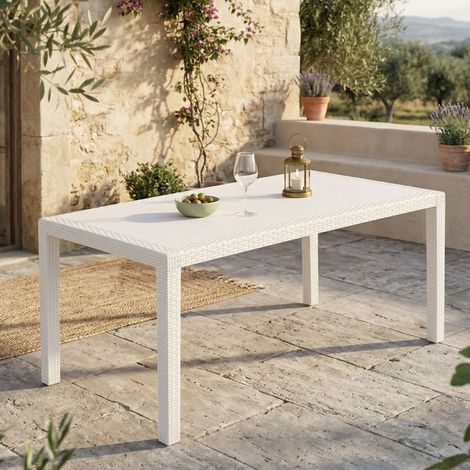 Tavolo da esterno Arca, Ripiano fisso rettangolare, Tavolo da giardino multiuso effetto rattan, 100% Made in Italy, 138x78h72 cm, Bianco (1/3)