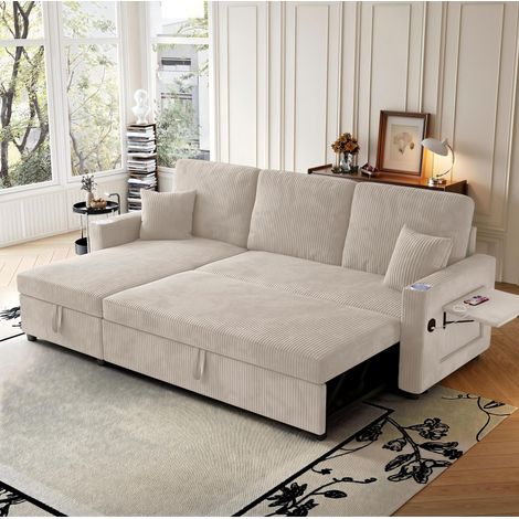 Canapé d’angle (à gauche) convertible 3 places 207,5 x 142 x 84,5 cm, avec rangement, assise spacieuse et méridienne, velours côtelé, Beige (1/5)