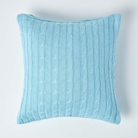 HOMESCAPES Cotton Cable Knit Pastel Blue Cushion Cover, 45 x 45 cm
