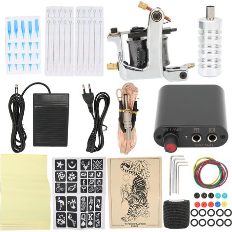 Coil Tattoo Machine Set Practice Skin Power Supply Foot Pedal Beginner Practice Tattoo Kit (90‑265V)EU Plug (1/5)