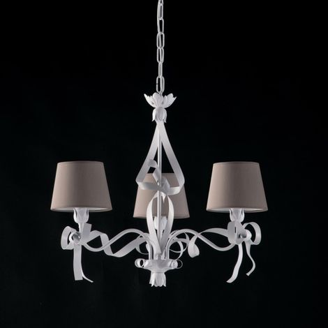 Lustre Lucy Fer Blanc, Déco Shabby Chic, Abat-Jour Pvc Gris Tourterelle D.59 Cm, 3 Lumières Look Rétro Délicat (1/2)