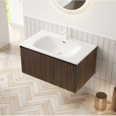 Mueble de lavabo suspendido 80x46x40 cm de madera marrón con almacenaje para baño FloraGrace (1/5)