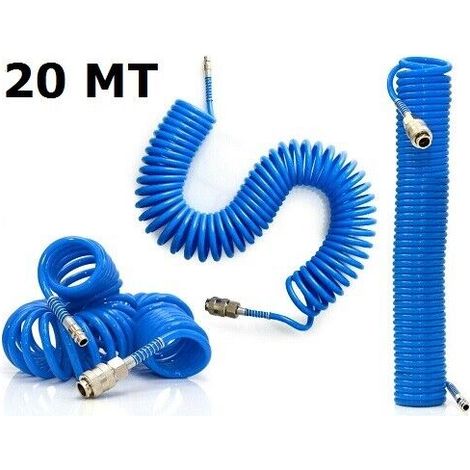 TUBO ARIA COMPRESSA SPIRALE 20 METRI FLESSIBILE PER COMPRESSORE RACCORDO BLU (1/4)