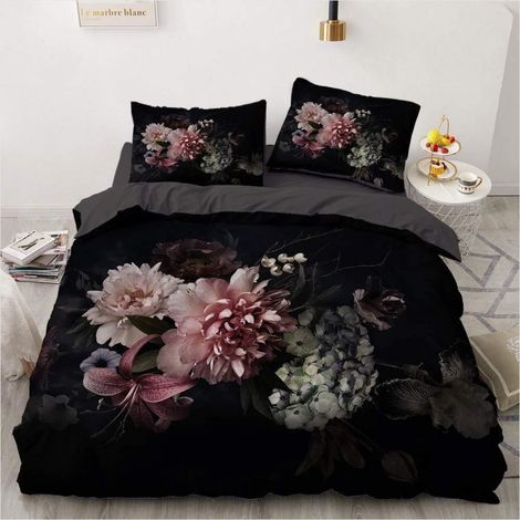 Bettwäsche-Set 135x200cm Schwarz Vintage Floral Mikrofaser mit Reißverschluss