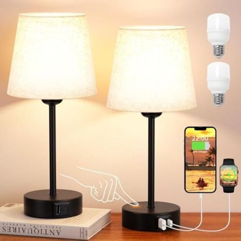 Set of 2 bedside lamps, 3-way dimmable touch table lamps with USB-A+C charging ports, table lamps for living room and bedroom with beige linen lampshade (bulb included) (1/4)