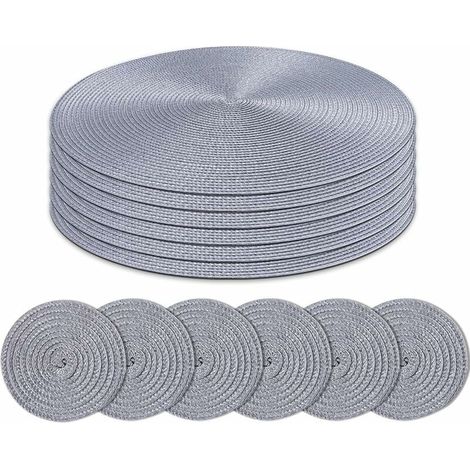 DEESSE SHOP - Lot de 6 sets de table ronds et sous-verres tissés tressés pour table à manger (gris) (1/5)