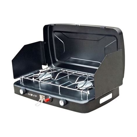 Muvip cocina de gas 2 fuegos + protectores contra viento - protectores contra el viento - base antideslizante - color negro