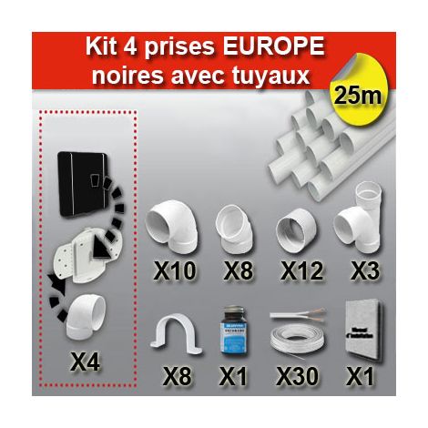 Ensemble 4 prises europe avec tuyaux - couleur au choix - noir