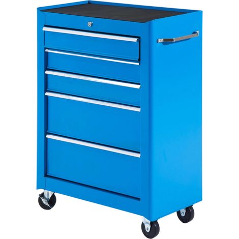 Armoire à outils en acier bleu à 5 tiroirs sur roulettes, boîte à outils mobile et robuste, idéale pour organiser, sécuriser et déplacer facilement tout votre matériel de bricolage.
