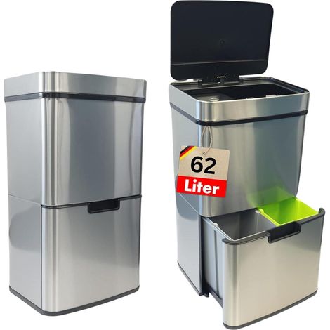 Floordirekt – Poubelle d'extérieur 62 L en acier inoxydable – Détecteur de mouvement – Dimensions 42 x 31,5 x 74,5 cm – Bac intérieur en plastique ABS (1/5)