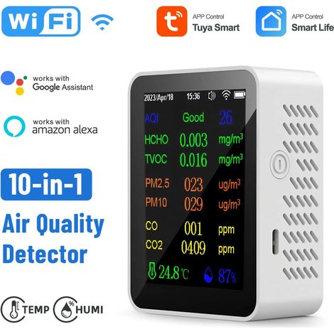 Tuya Rilevatore Qualità Aria Smart WiFi 10 in 1 con Display, CO2, PM2.5, TVOC, Temperatura e Umidità  Nero (1/5)