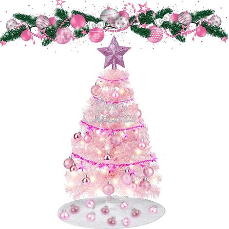 Mini Sapin De Noel 60cm, Mini Sapin de Noël 60cm avec Lumières LED et Ornements Petit Sapin de Noël Artificiel avec 60 Branches et Conseils pour la Décoration de Bureau à Domicile de Vacances (Rose) (1/5)