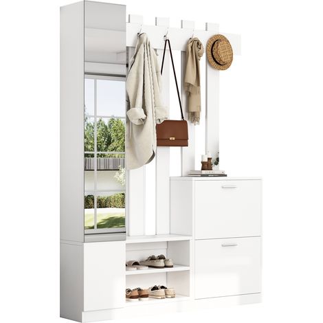 ELVMI Set Mobile da Ingresso con 2 Scarpiere, 1 Specchio, 1 Ripiano e 5 Ganci, Pannello di Particelle, Bianco (1/5)