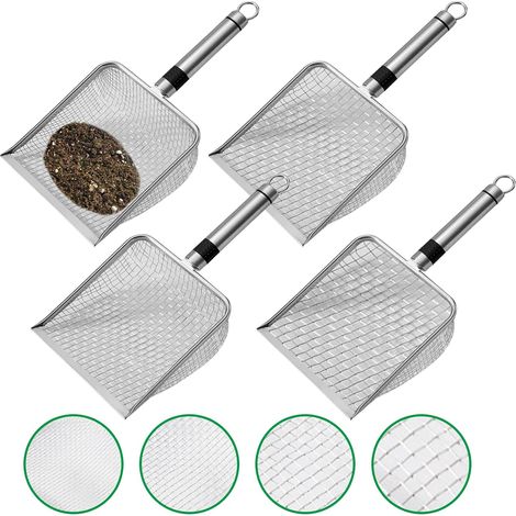 Lot de 4 tamis à compost de jardin en 4 tailles (mailles 2/2,8/3,8/5 mm) - Tamis à sable - Tamis à compost avec poignée, pelle à litière pour chat, tamis de jardin en acier inoxydable pour sable (1/5)