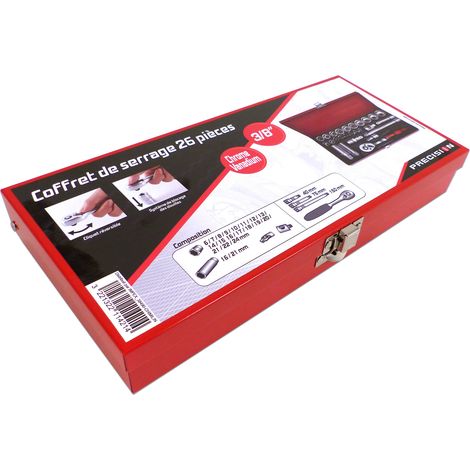 Coffret cliquet et 18 douilles 3/8' en chrome-vanadium – Poignée coulissante et rallonges 40/75/150 mm – Rangement pratique