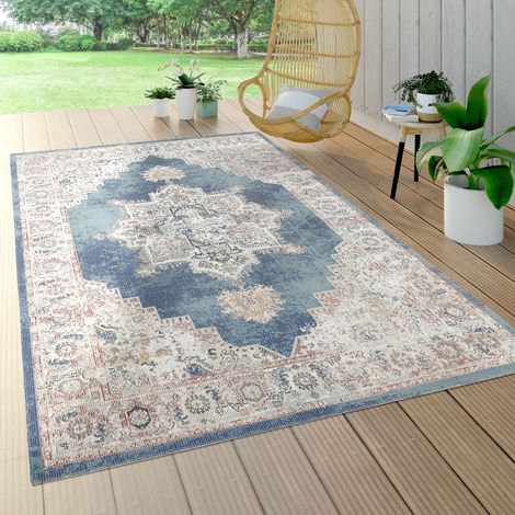 Paco Home Tappeto a pelo corto per interni ed esterni per il balcone e la terrazza, dal look orientale in blu Ø 160 cm tondo