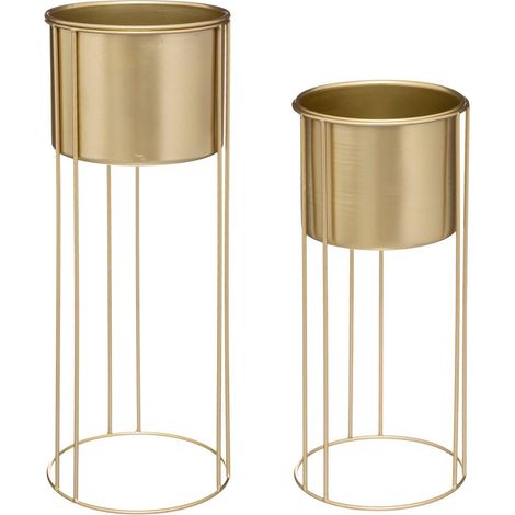 Atmosphera – Lot de 2 pots en métal doré sur pieds – Dimensions S : D. 18,5 x H. 41,5 cm, M : D. 21,5 x H. 58 cm – Pour plantes ornementales