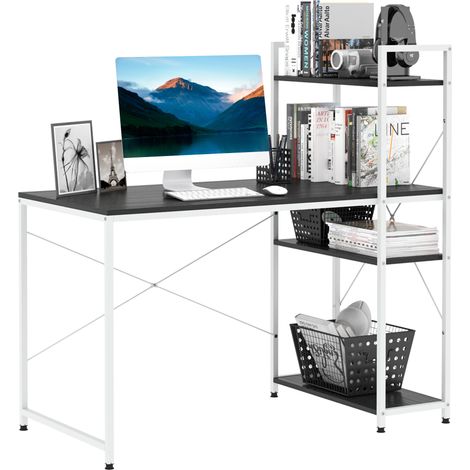 HOMCOM Computer Desk Laptop Table w/4-tier Bookshelf  Metal Frame Black (1/5)