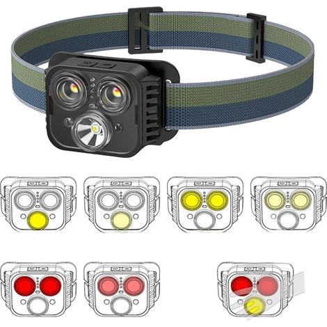 Lampe frontale LED rechargeable avec batterie de 1200 mAh avec détecteur de mouvement, contrôle des ondes manuelles, 6 modes d'éclairage, angle réglable pour le camping, la randonnée, la