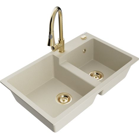 Mexen Tomas 2-Becken-Granitspüle mit Mischbatterie Elia, Beige - 6516-69-670101-50