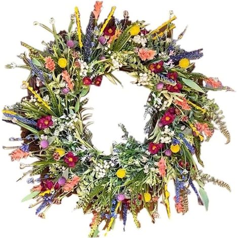 Guirlande de porte printemps été – Couronne de fleurs sauvages artificielles – Décoration intérieure et extérieure – Facile à accrocher