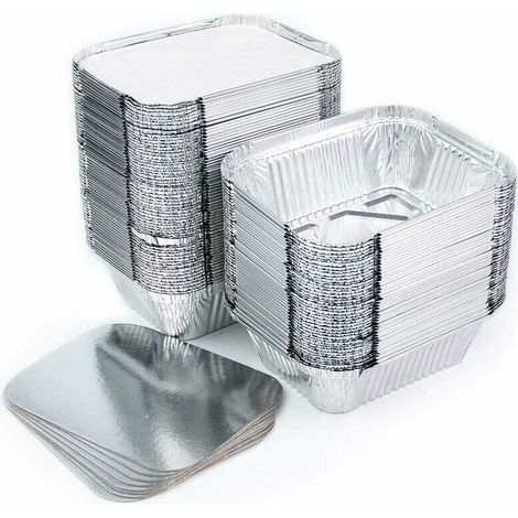 Paquete de 100 bandejas desechables de aluminio con tapa para transporte de alimentos, congelación y cocción (260 ml) - Plateadas