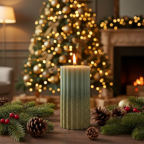 Candela decorativa in cera rigata con Glitter colore verde rosmarino -Grande (1/5)