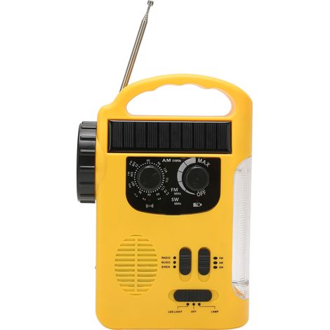 Radio solaire à manivelle AM/FM/SW avec lampe torche LED, liseuse et lecteur MP3 pour le camping et les activités de plein air (Jaune) (1/5)