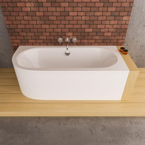 ECOLAM® Badewanne Avita 150x75 cm rechts Schürze  Wanne Ablauf in der Mitte Eckwanne Modern Design Eckbadewanne + Ablaufgarnitur Füße Silikon Komplett-Set Acryl weiß