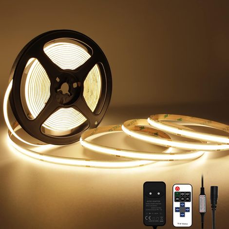 Ruban LED COB 2700K, 5M DC24V Bande LED Blanc Chaud avec Alimentation et Télécommande, 480LEDs/M, CRI 93+, Largeur 8mm, Bande Lumineuse COB Dimmable pour Chambre, Décoration de la Maison (1/5)