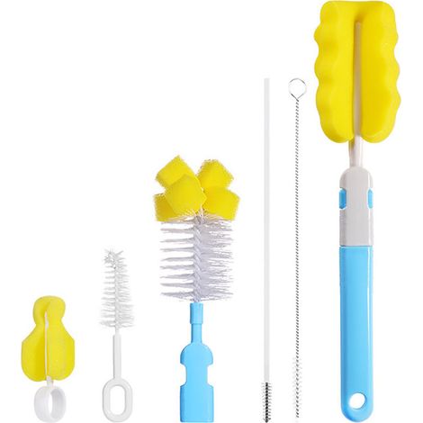 Ensemble de goupillons pour biberons bleus, manche amovible, éponge, nylon, polypropylène et acier inoxydable, nettoyage à 360° (1/5)