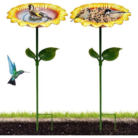Lot de 2 abreuvoirs à oiseaux pour le jardin, abreuvoir à oiseaux debout, art en fer, bain d'oiseaux pour extérieur, design tournesol, en métal, abreuvoir d'eau pour arrière-cour, 20 x 20 x 64 (1/5)
