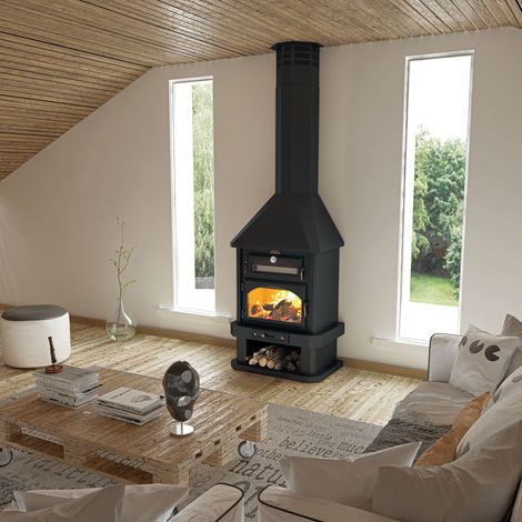 Bronpi – Cheminée à bois 15 kW EBRO – Four intégré – Puissance 15 kW – Rendement 84% – Longueur max bûche 65 cm – Classe A+