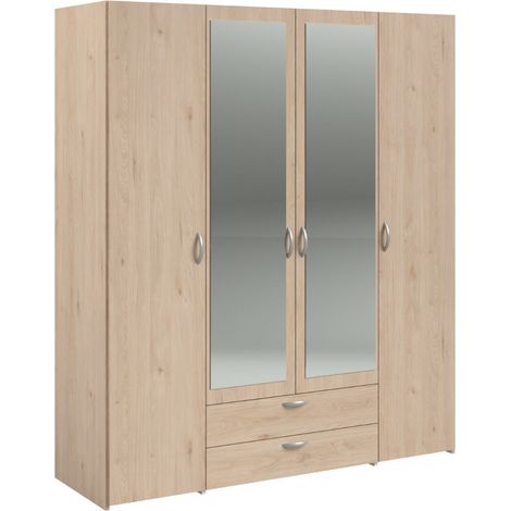 Armoire 4 portes 2 tiroirs aspect bois avec miroir - AMAEL (1/5)