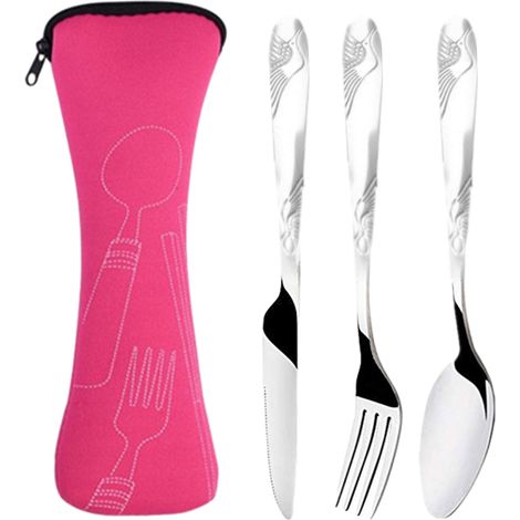 Couteau Fourchette Cuillère - Ensemble Couverts Extérieur En Acier Inoxydable Avec Boîtier De Transport - Pour Pique-Nique Camping Voyage Bureau - Lot De 3 (1/5)
