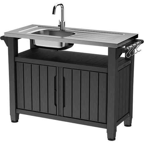 Keter – Desserte de jardin avec évier en résine effet bois – Plan de travail en acier inoxydable – Rangement 207L – Dimensions 134x52x90 cm (1/2)