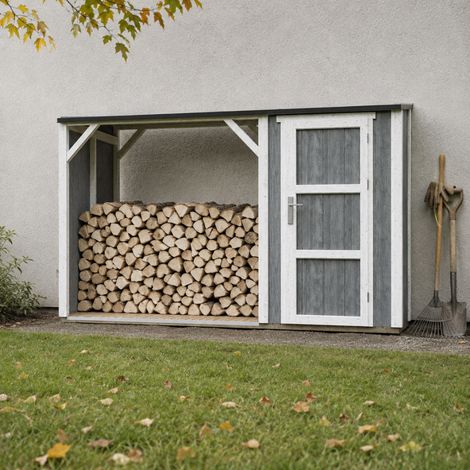 TIMBELA M985 Leñero con trastero 4,14 m², cobertizo para leña con espacio de almacenamiento cerrado (1/5)