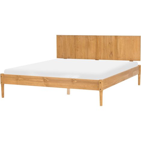 Bed Light Brown Pine Wood Frame with Slatted Bed Base Ribbed Headboard EU King Size 5ft3 Natural Scandi Style AMBAZAC (1/5)