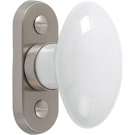 Bouton de crémone sur platine - Décor : Blanc / Inox - Hauteur : 77 mm - Largeur : 43 mm - Matériau : Porcelaine / Laiton - MERIGOUS