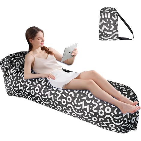 1 Canapé Gonflable, 200x70cm Polyester Noir, Support 200kg, Pour Camping Plage Extérieur