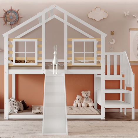 DESVIAE Lit superposé enfant cabane avec toboggan escalier et barrières de sécurité fenêtres bois massif MDF blanc naturel 90 x 200 cm (1/5)
