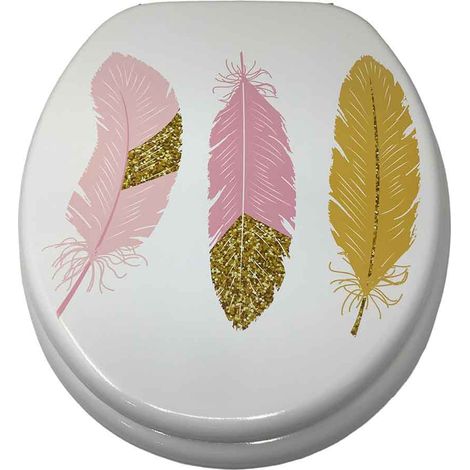 Copriwater in Legno MDF serigrafato tavoletta da Bagno WC con Stampa piume rosa oro Cerniere in Acciaio 43x38 cm (1/4)