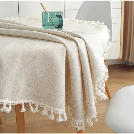 Runde Leinentischdecke – knitterfrei und staubabweisend – 1 Stück – mit Quasten – Beige – 150 cm (1/5)
