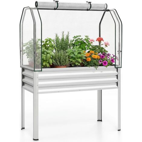 Jardinière Surélevée, Carré Potager avec Bâche de Protection, Mini Serre Extérieure avec Porte Zippée Enroulable, pour Légumes Plantes Fleurs (Argent) (1/5)